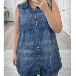 Ali Miles Chambray Print Sleeveless Wooden Button Front Tunic Top Large Coastal